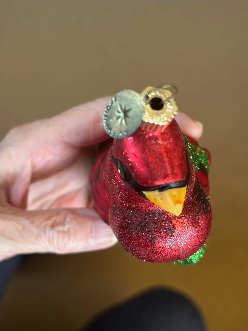 Christopher Radko Red Cardinal Glass Ornament with Green and Gold Accents